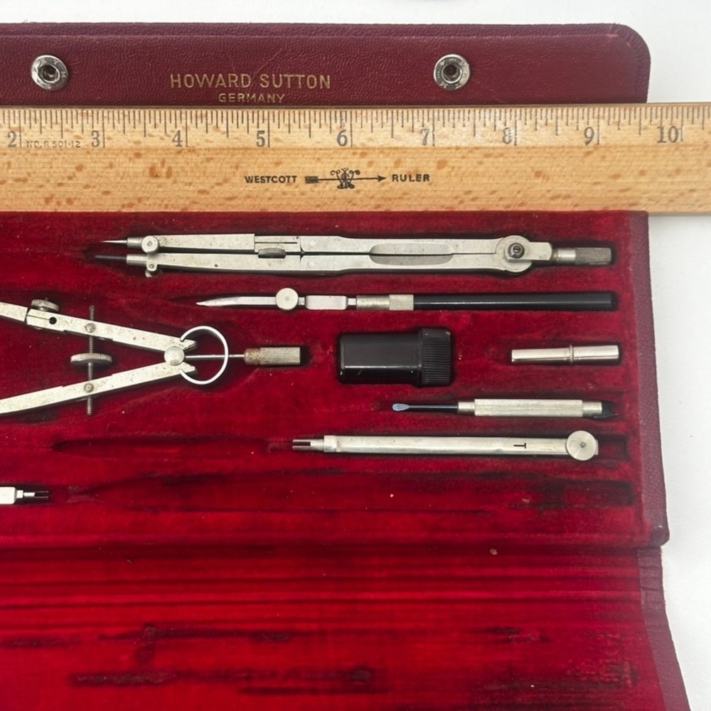 Vintage Howard Sutton Germany Drafting Tool Set Compass Architect Kit Red Case - Picture 8 of 12